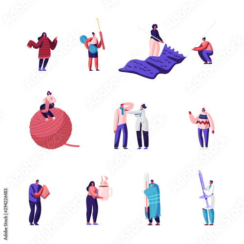 Knitting Hobby, Sickness Concept Set. Girls with Knitting Needles and Clew Knit Warm Clothes. Sick People with Flu Symptoms Visit Doctors in Hospital for Treatment Cartoon Flat Vector Illustration