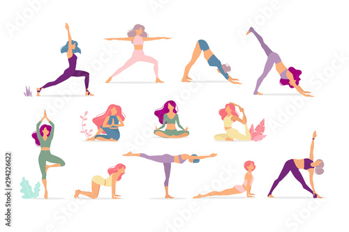 Collection of young woman performing physical exercises. Bundle of female cartoon character demonstrating various yoga positions isolated on light background. Colorful flat vector illustration