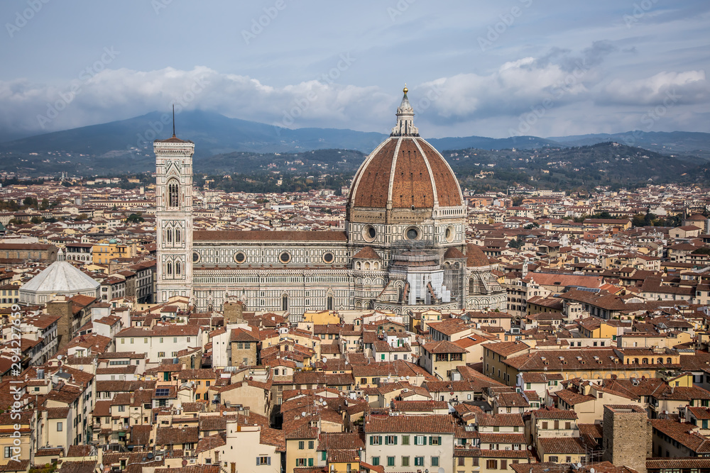 Beautiful view of Santa Maria del Fiore and Giotto's Belltower in Florence, Tuscany, Italy