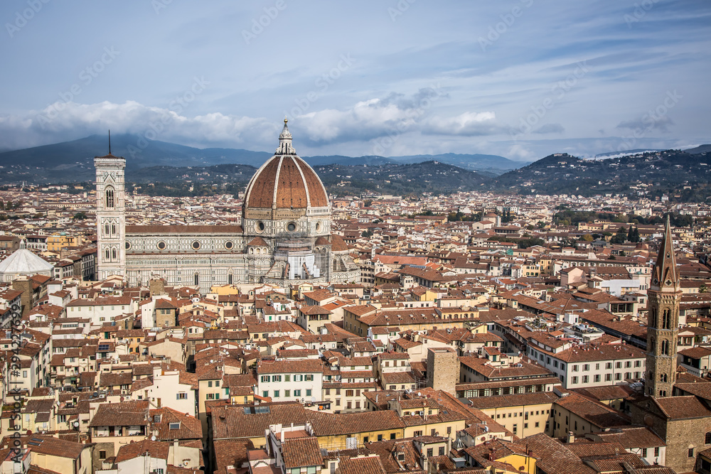Beautiful view of Santa Maria del Fiore and Giotto's Belltower in Florence, Tuscany, Italy
