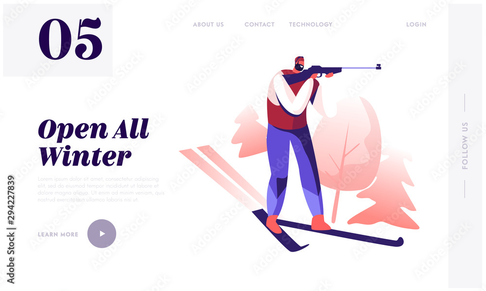 Biathlon Website Landing Page. Rifleman Athlete with Rifle Preparing to Shooting Aiming to Target Standing in Hunting Position. Wintertime Sports Web Page Banner. Cartoon Flat Vector Illustration