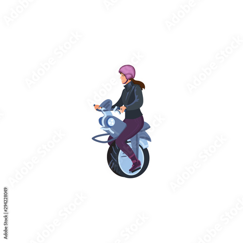 Woman with a helmet riding on an electric monobike. Vector illustration in a flat cartoon style.