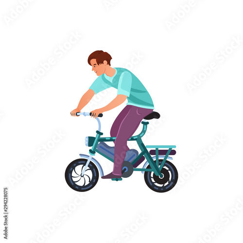 A man riding an electric bike with pedals. Vector illustration in a flat cartoon style.