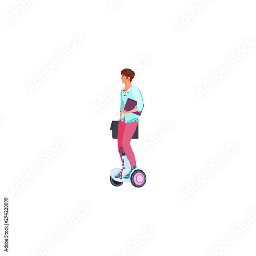 Woman rides on gyroboard. Vector illustration in a flat cartoon style.