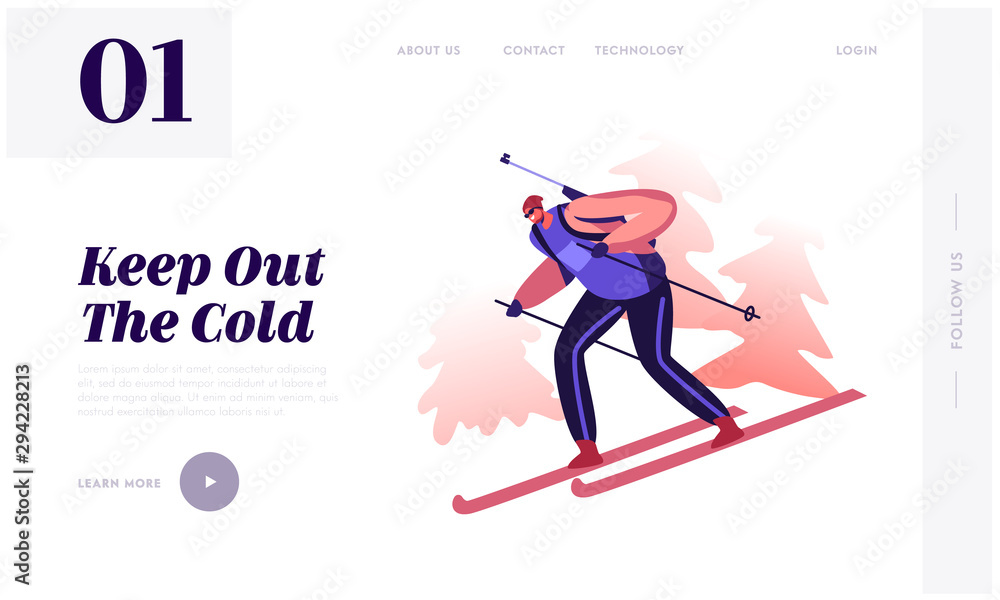 Sportsman Skier Cross at Winter Season Biathlon Tournament Website Landing Page. Professional Shooter Compete or Training Take Part in Olympic Games Web Page Banner. Cartoon Flat Vector Illustration