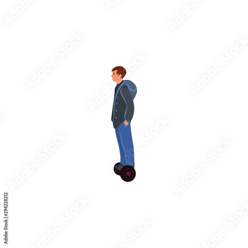 Man in blue pants rides on gyroboard. Vector illustration in a flat cartoon style.