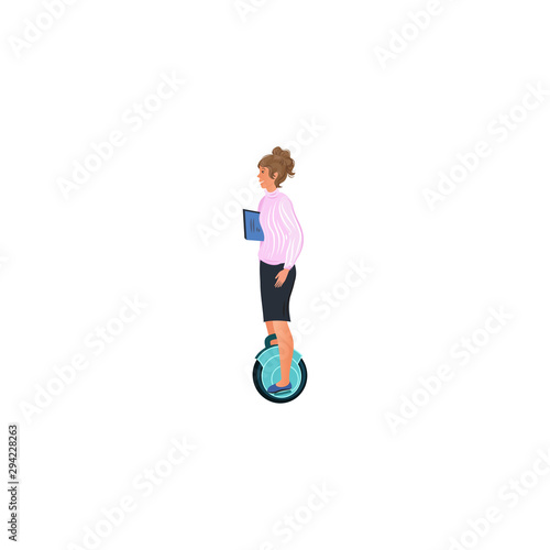 Woman rides on self-balbancing electric monowheel. Vector illustration in a flat cartoon style.