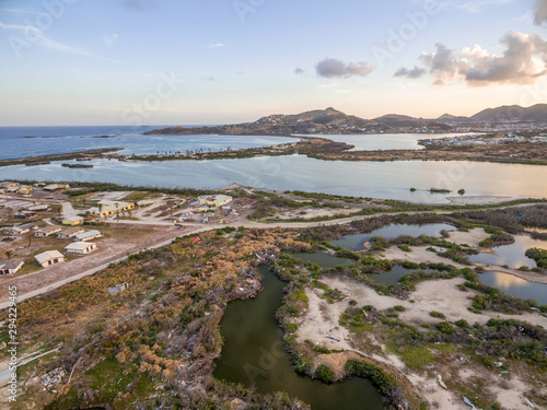 Beautiful view of orient bay beach on st.martin. Aerial view after getting damage by hurricane Irma.