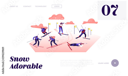 Biathlon Competition Website Landing Page. Competitors Standing on Shooting Range Aiming to Target, Shooting Hunting and Riding Skis on Rout with Flags Web Page Banner Cartoon Flat Vector Illustration