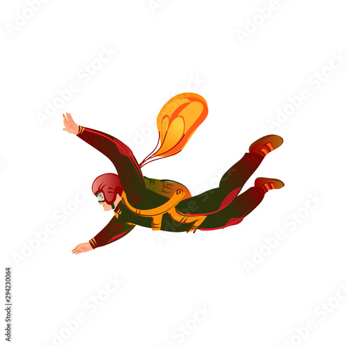 Parachute jumper in the green suit flying with the orange parachute. Vector illustration in a flat cartoon style.