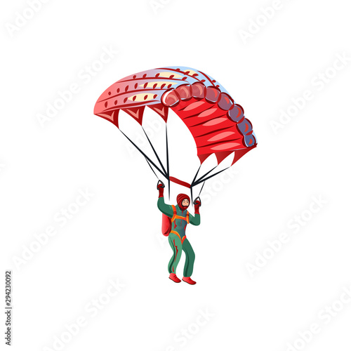 Skydiver in the green suit flying with the red paraglider. Vector illustration in a flat cartoon style.