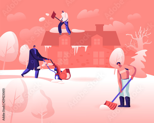 Group of Happy Friends or Neighbours Working Outside Cleaning Ground from Snow with Shovels at House Backyard. Winter Time Season Activity, People Outdoor Shoveling Cartoon Flat Vector Illustration
