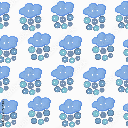 Seamless pattern with a blue cloud and a rain of sewing buttons on a white background. Hand-drawn. Perfect for: wallpapers, sites with children's goods, needlework stores, fabric, textile, sleepvear.