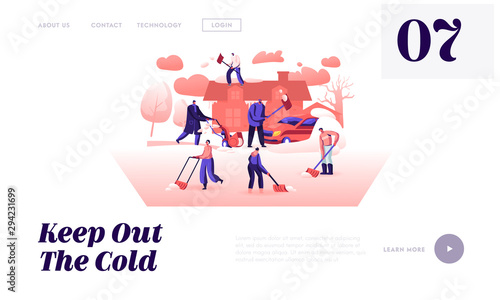 Wintertime Activity and Outdoors Work Website Landing Page. Company of Friends or Neighbours Working Together at Homeyard with Shovels and Snowblower Web Page Banner. Cartoon Flat Vector Illustration