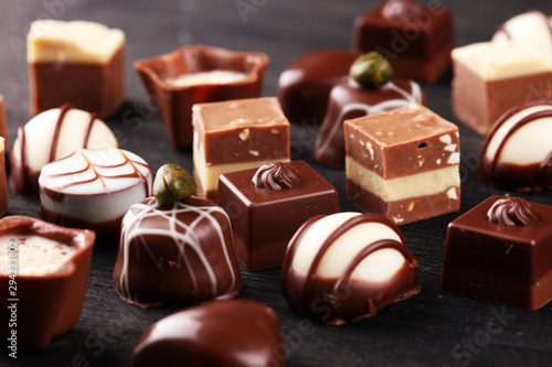 a lot of variety chocolate pralines, belgian confectionery gourmet chocolate.