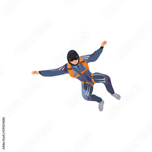 Skydiver in the dark blue suit with helmet and goggles flying with the parachute. Vector illustration in a flat cartoon style.