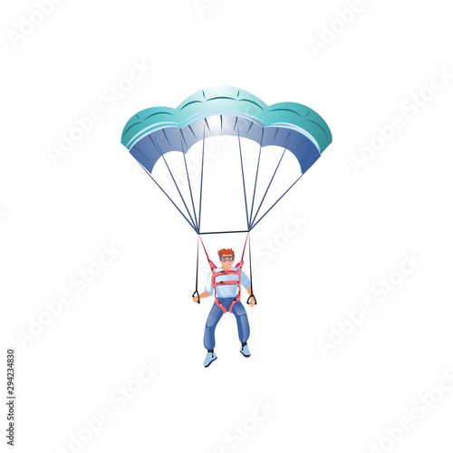 Skydiver in the blue clothes flying with the blue parachute. Vector illustration in a flat cartoon style.