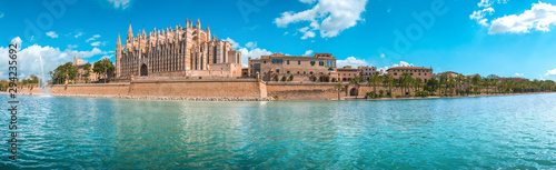 Panorama of the promenade of Palma de Mallorca. The Cathedral of Santa Maria ...