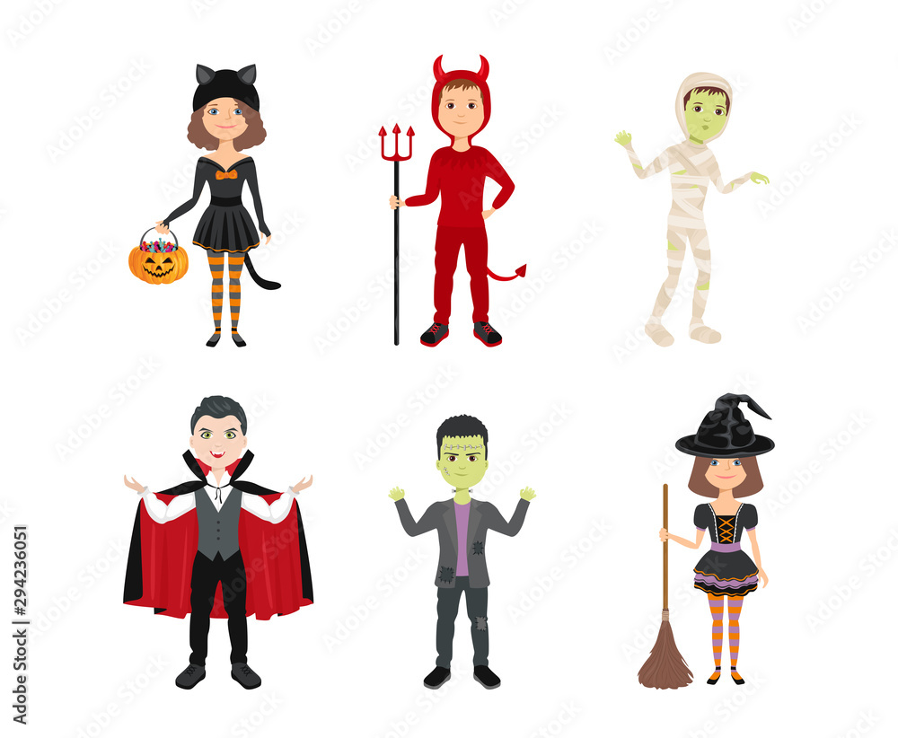 Kids in halloween costumes isolated on white background. Girls in witch and cat costumes. Boys in halloween costume of Frankenstein, Dracula, mummy, devil. Vector illustration in cartoon flat style.