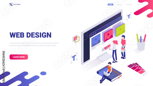 Web design, web developing, ui/ux and graphic design, interface and site creating concept. Trendy isometric illustration with characters for website, landing page, banner. Website header template.
