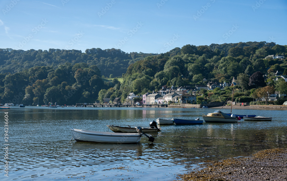 Boats moored along the shore from Dittisham, Devon, United Kingdom