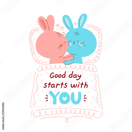 Cute happy rabits couple sleep in bad. Good day starts with you card. Isolated on white background. Vector cartoon character illustration design,simple flat style. Rabits kiss,love,romantic concept