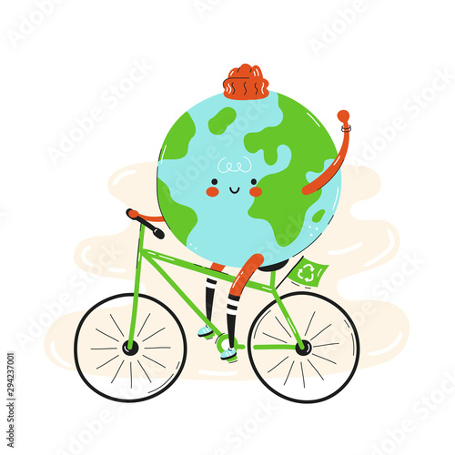 Cute happy smiling Earth planet riding bicycle.Isolated on white background. Vector cartoon character illustration design,simple flat style. Earth on bicycle character, eco transportation concept