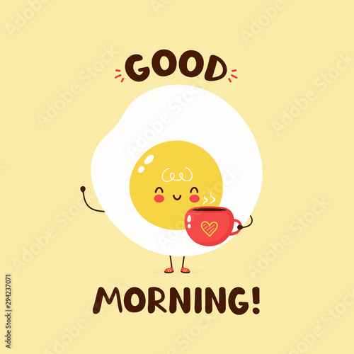 Cute happy fried egg hold coffee cup with heart. Vector cartoon character illustration design,simple flat style. Fried egg and cup character concept. Good morning card,poster,sticker