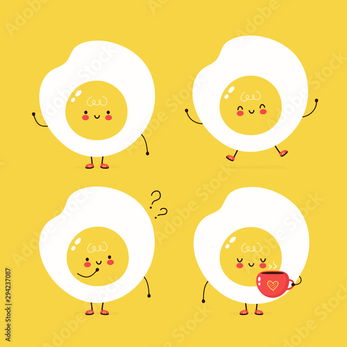 Cute happy fried egg set. Vector cartoon character illustration design,simple flat style. Fried egg character bundle, collection concept