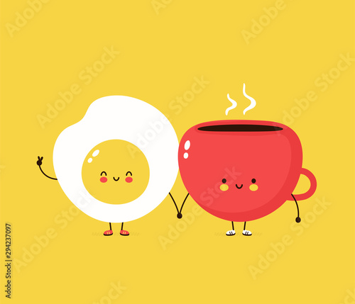 Cute happy fried egg and coffee cuo. Vector cartoon character illustration design,simple flat style. Fried egg and cup character concept