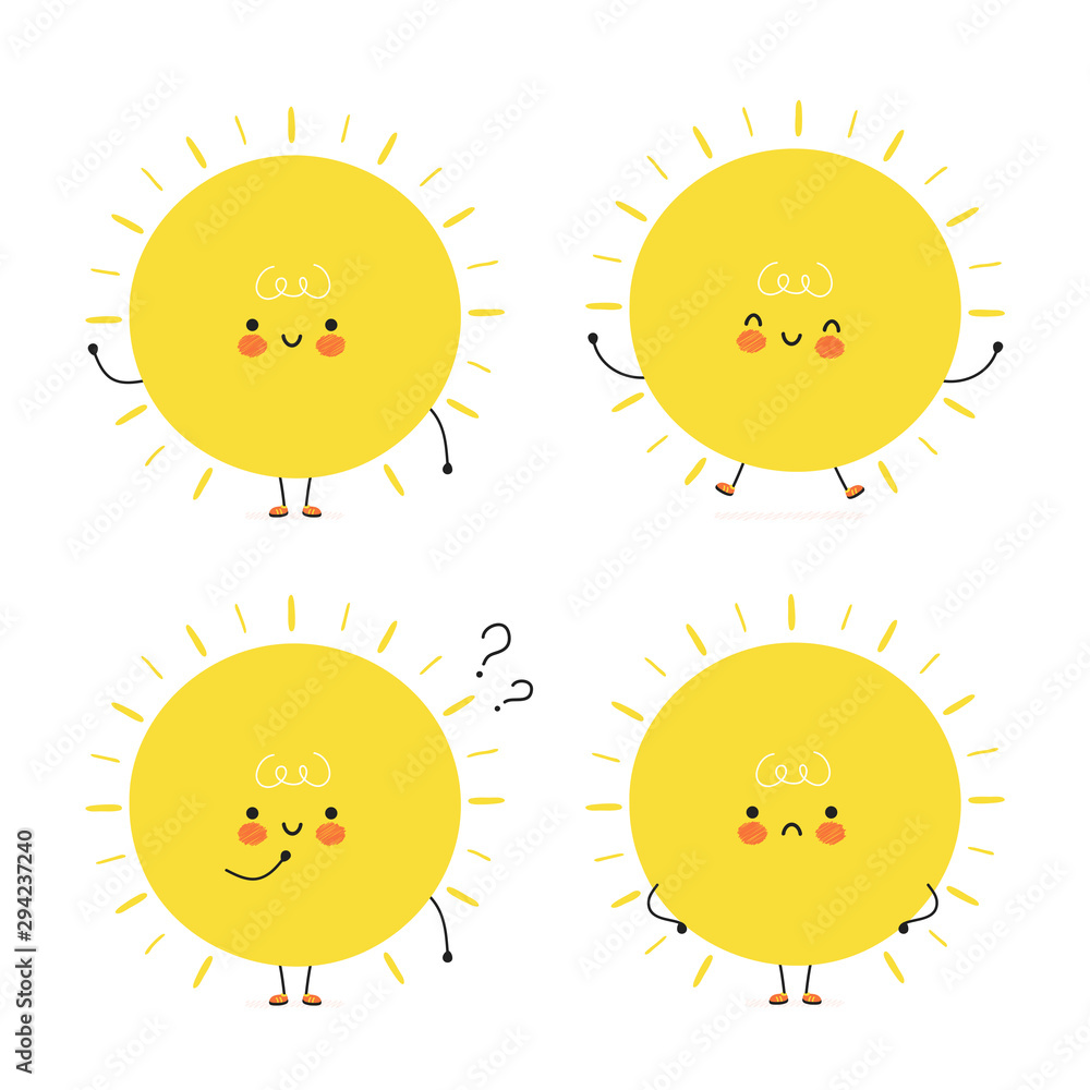 Cute happy sun set. Isolated on white background. Vector cartoon character illustration design, simple flat style. Sun character bundle, collection concept Cute happy sun set. Isolated on white background. Vector cartoon character illustration design, simple flat style. Sun character bundle, collection concept