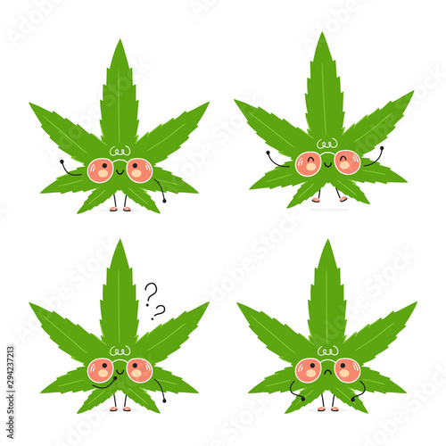 Cute happy marijuana weed leafset. Isolated on white background. Vector cartoon character illustration design, simple flat style. Weed,cannabis leaf character bundle, collection concept