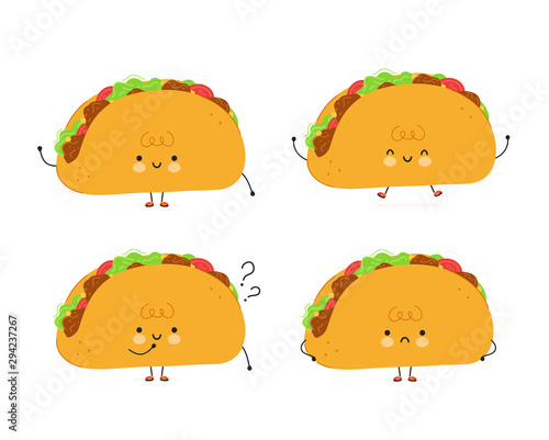 Cute happy taco set. Isolated on white background. Vector cartoon character illustration design,simple flat style. Taco character bundle, collection. Mexican food kids menu, card concept