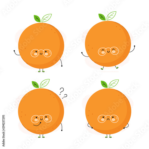 Cute happy orange fruit set. Isolated on white background. Vector cartoon character illustration design,simple flat style. Orange character bundle, collection concept