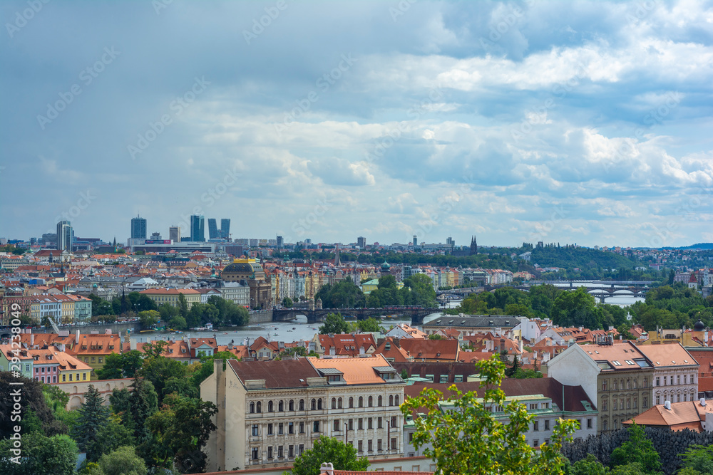 Panorama of Prague with a view of the Legion Bridge, the National Theater and the skyscrapers of the business center.