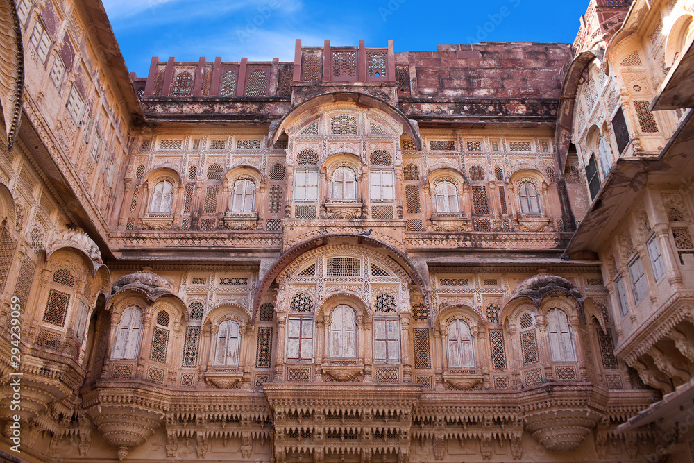 Exterior of palace in famous Mehrangarh Fort in Jodhpur, Rajasthan state, India