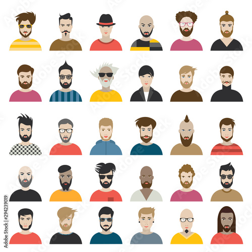 Male avatar heads. Various type of men faces. Vector.