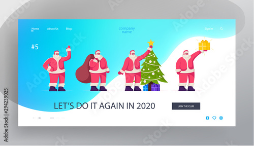 Father Noel Congratulation Website Landing Page. Cute Santa Claus Character in Red Costume Greeting with Xmas and New Year Season. Merry Christmas Web Page Banner. Cartoon Flat Vector Illustration