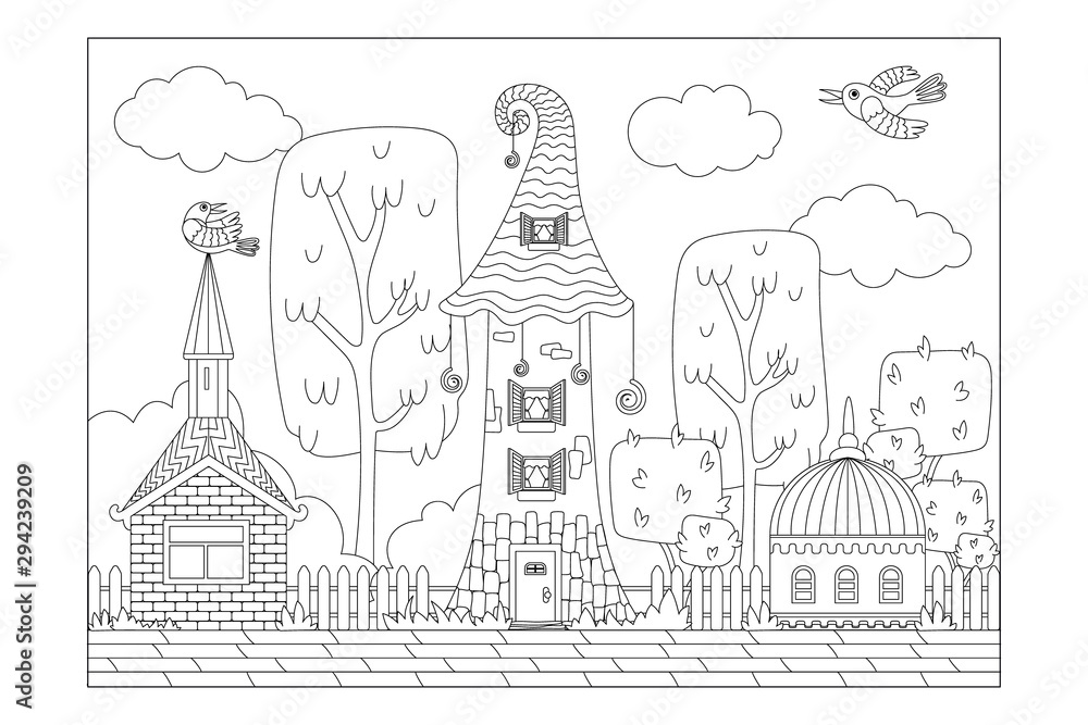 Fabulous town of different houses. Sheet for children's coloring books. Vector