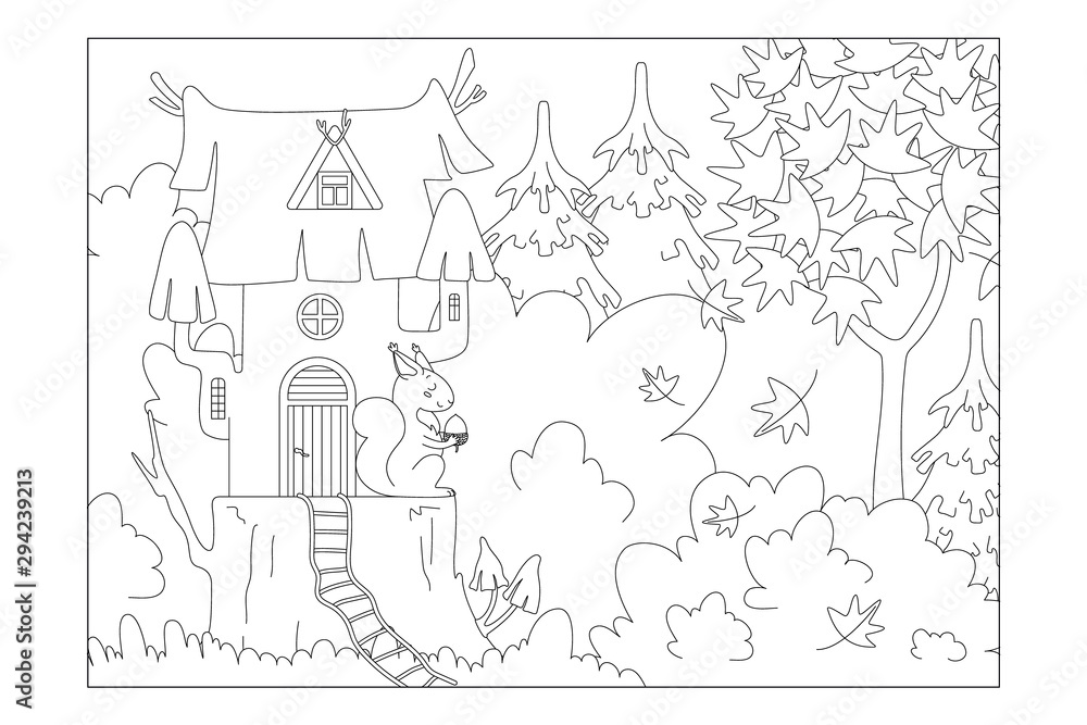 Squirrel house on a stump in the woods. Sheet for children's coloring books. Vector
