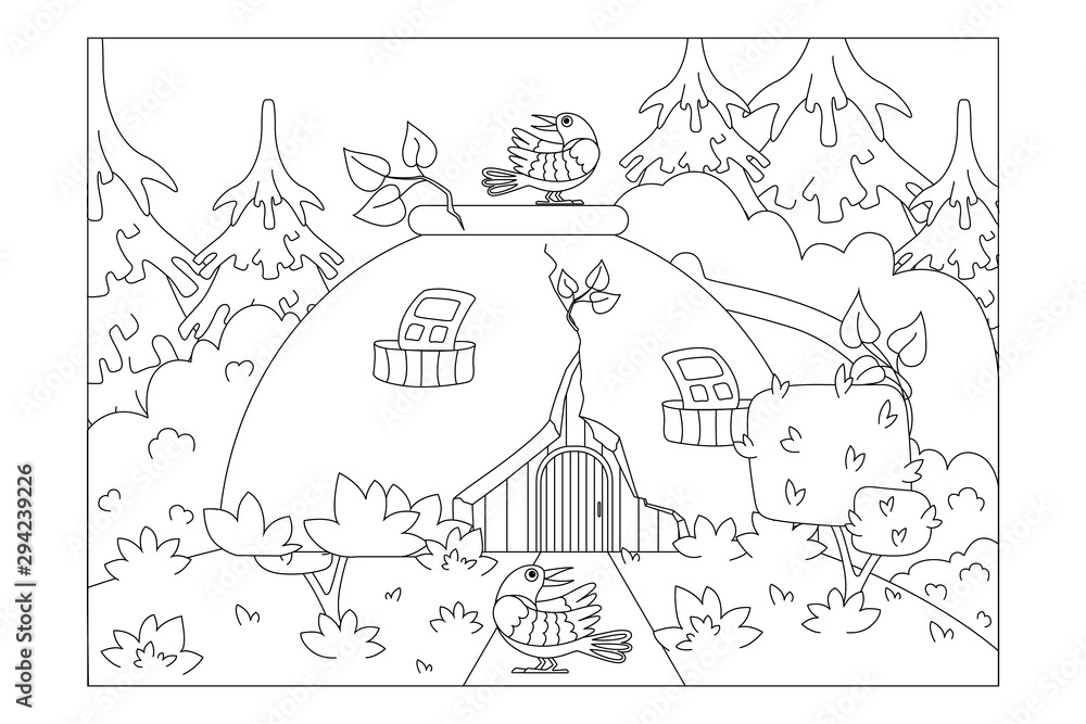 Fototapeta premium house from an old broken Cup in the woods. Sheet for children's coloring books. Vector