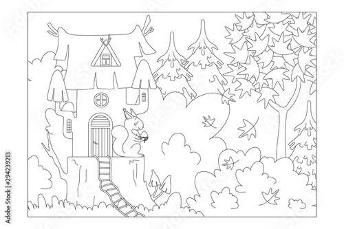 Squirrel house on a stump in the woods. Sheet for children's coloring books. Vector
