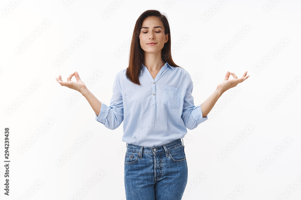 Not panic, breathe. Relaxed adult patient businesswoman keep sound mind, meditation, practice yoga office during break, stand nirvana lotus pose, smiling relieved, get rid stress, white background Not panic, breathe. Relaxed adult patient businesswoman keep sound mind, meditation, practice yoga office during break, stand nirvana lotus pose, smiling relieved, get rid stress, white background