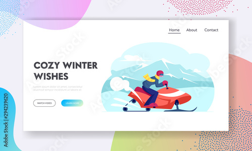 Extreme Sport Adventure Tour Website Landing Page. Snowmobile Rider Riding by Snowdrifts. Outdoor Activity During Winter Holiday on Ski Mountain Resort Web Page Banner Cartoon Flat Vector Illustration
