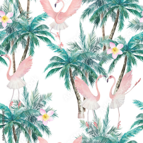 Watercolor abstract seamless pattern. Dancing flamingos and palm trees. Hand ...