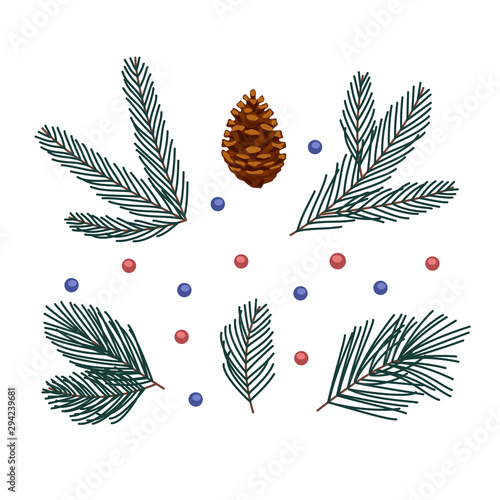 Illustration with fir branches, pine cone and beads. Use for decorating covers, canvas, greeting card, packaging.
