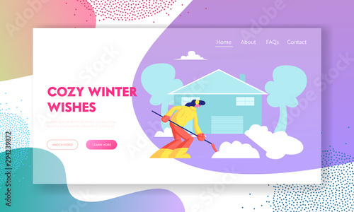 Winter Season Website Landing Page. Cute Girl in Warm Clothes and Earmuffs Working at House Yard with Shovel Cleaning Steps and Ground front of Cottage Web Page Banner Cartoon Flat Vector Illustration