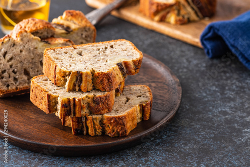 Sliced Banana Bread. Delicious banana bread with chia seeds. Copy space.