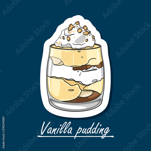 Hand-drawn vanilla pudding. Colorfull illustration of   dessert.