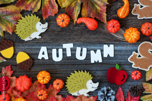 Colorful Autumn Decoration With White Letters Building Word Autumn. Flat Lay With Wooden Background